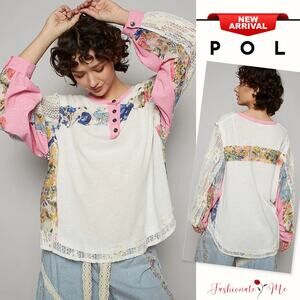 POL Button Detail Floral Patchwork Crochet Long Sleeves Relaxed Blouse | White